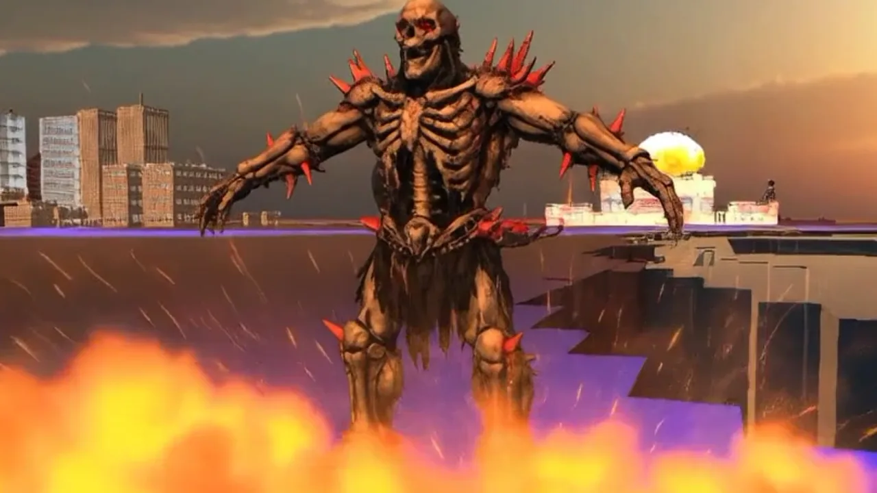The Dead World: a giant spiked skeleton titan rises out of the flames in front of a burning city