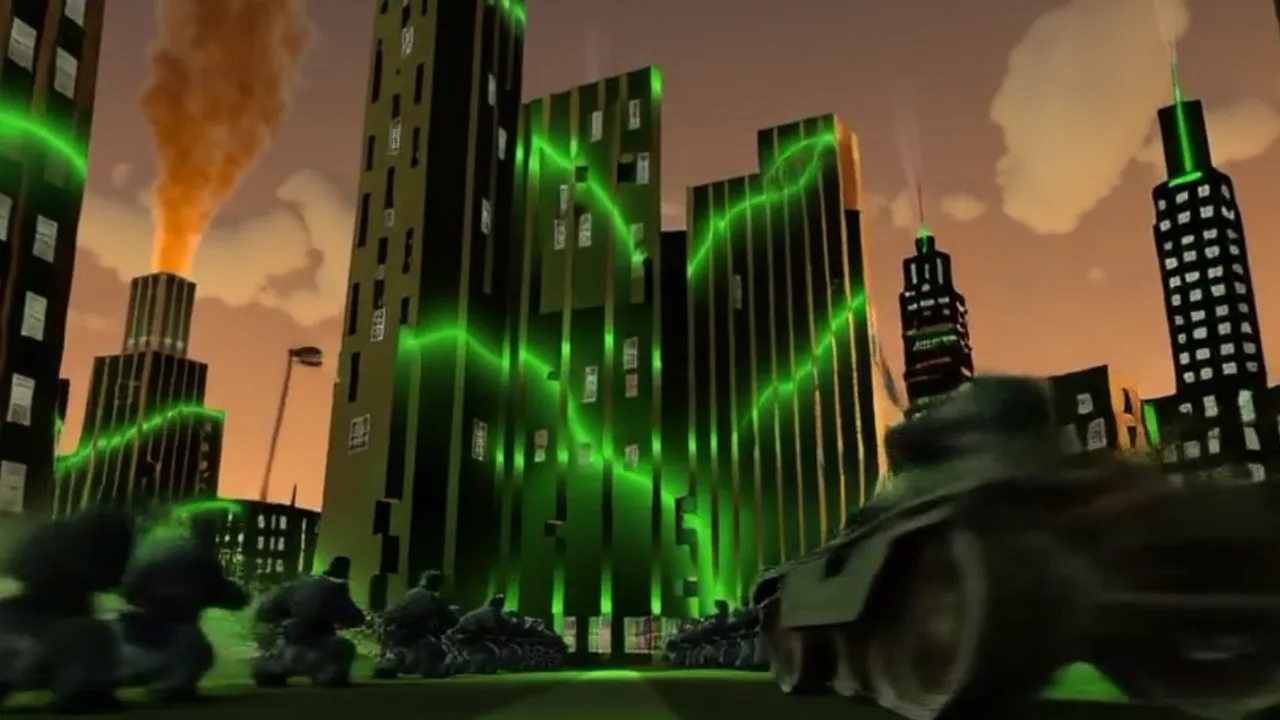 The Dead World: an armoured tank and soldiers charge down a street of glowing green skyscrapers